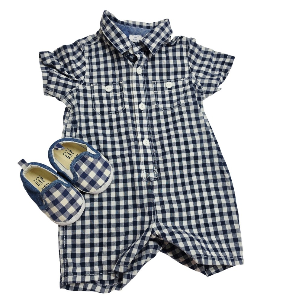 Baby Gap Gingham Romper and Shoes Set Navy White Check 3-6 Months Outfit
